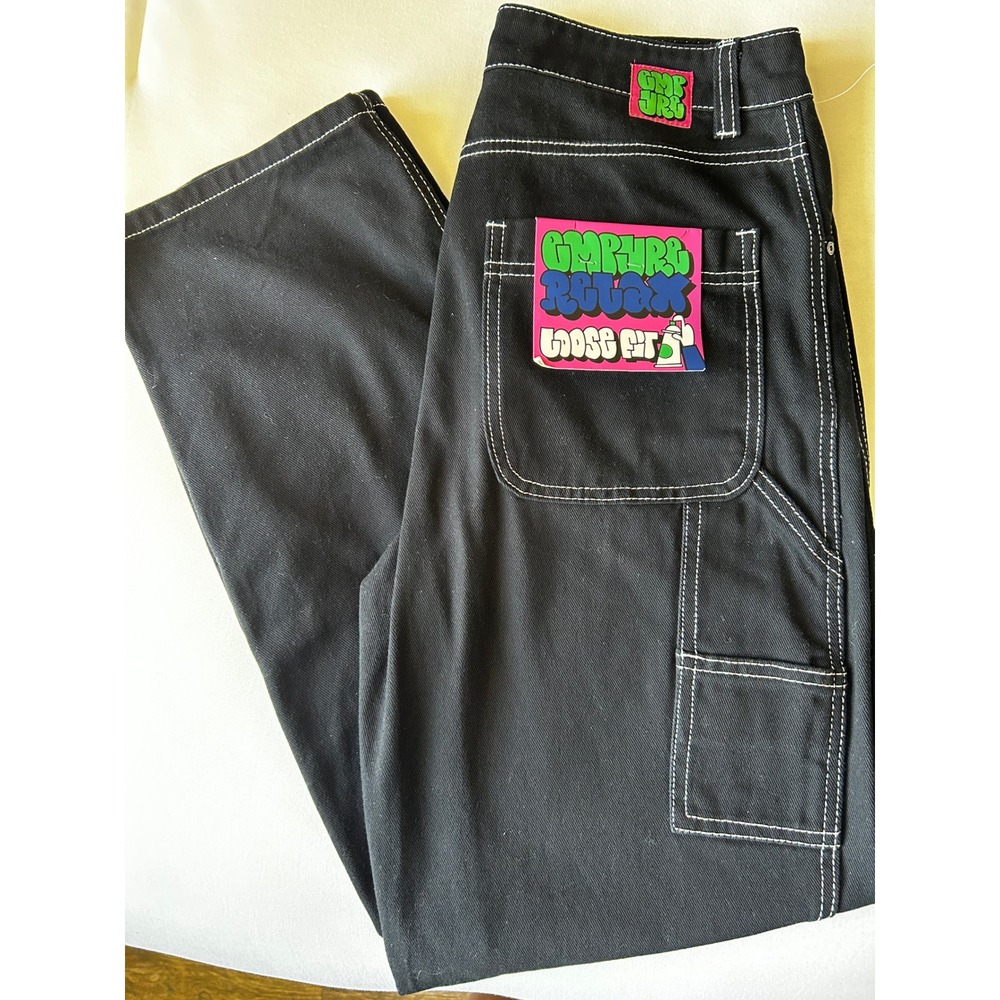 Empyre Relaxed Loose Fit Carpenter Pants Black White Contrast Stitch Mens 31x28